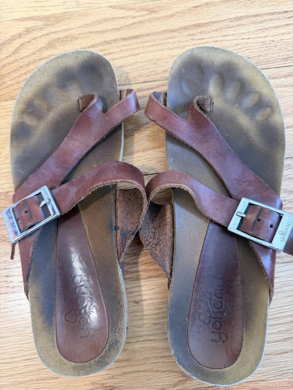 Yokono Brown Leather Toe Loop Sandals Cork Footbed